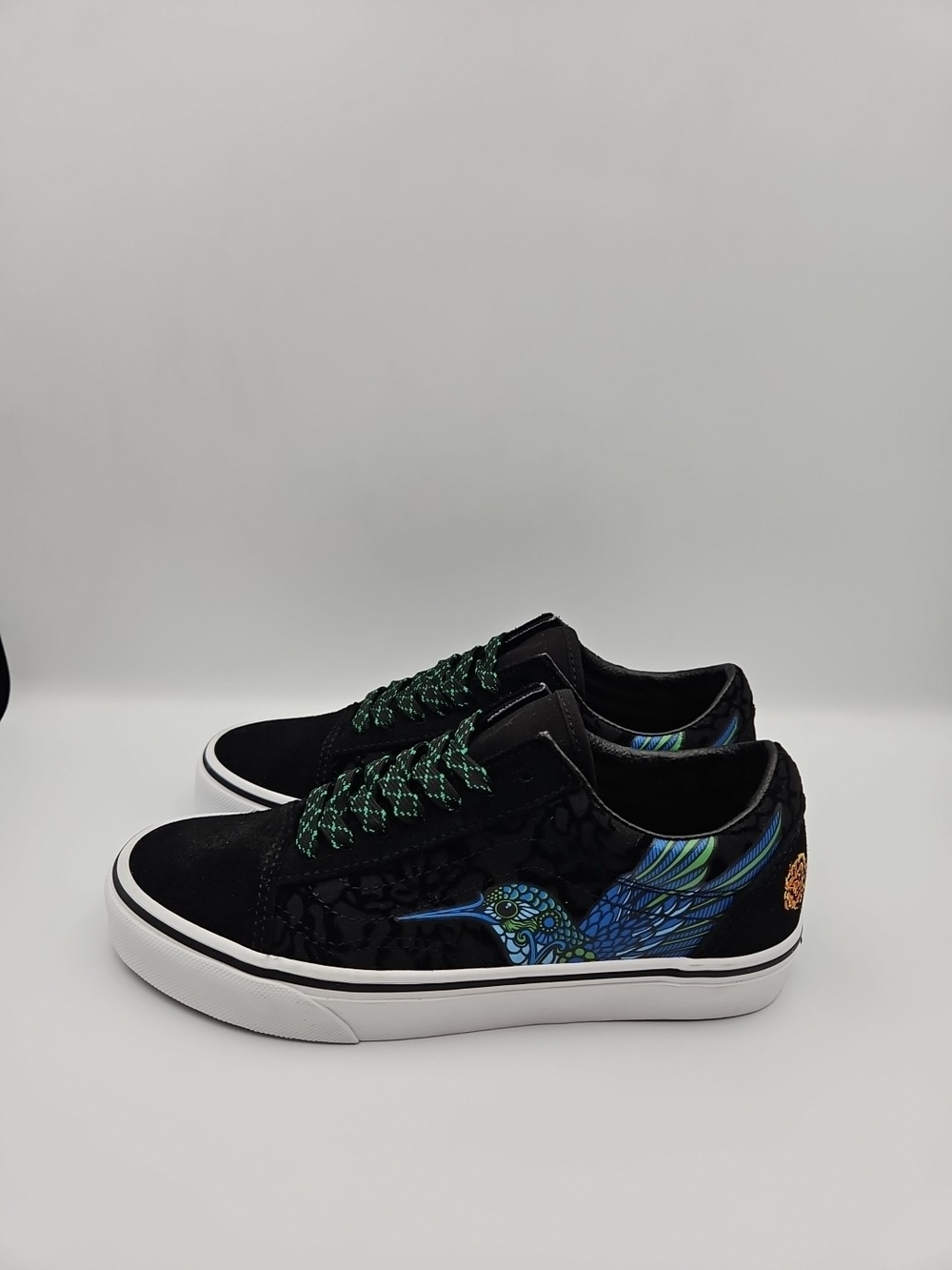 Vans Black Sneakers with Blue & Green Hummingbird Design